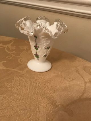 Vintage Fenton Violets Ruffled White Vase Signed By Artist N Gribble 4 1/2”