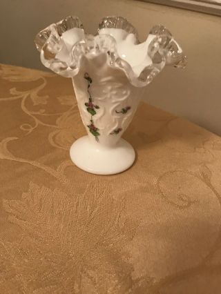 Vintage Fenton Violets Ruffled White Vase Signed by Artist N Gribble 4 1/2” 2