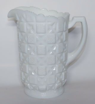 Vintage Westmoreland Milk Glass Embossed Old Quilt Pattern Water Pitcher 8 1/4 "