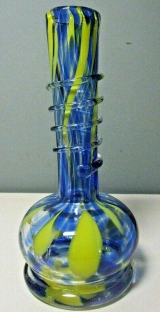 Blue & Yellow Hand Blown Art Glass Vase 8.  5 " Tall