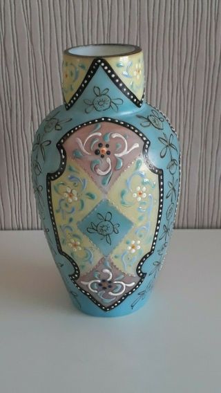 Victorian/edwardian? Hand Painted Small Vase Bohemian Glass Opaline Iridescent