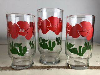 3 Vintage Glasses Tumblers Clear With Large Red Flowers & Green Stems Retro Fun