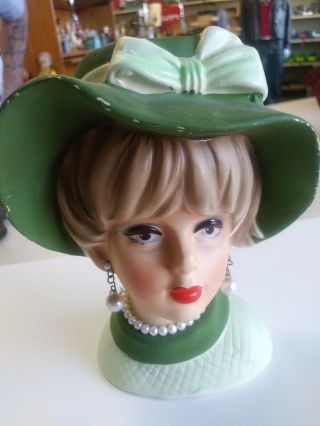 Vintage Napco Napcoware Pottery Headvase C7494 Retro Head Vase Green Hat Pearls