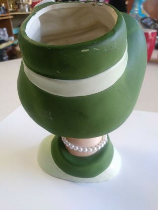 Vintage Napco Napcoware Pottery Headvase C7494 Retro Head Vase Green Hat Pearls 2