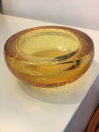 Vintage Murano Mid Century Amber Glass Controlled Bubble Ashtray Or Dish