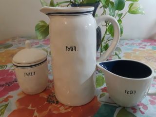 Rae Dunn Indigo Blue Pour Pitcher With Sweet Sugar Bowl And Pour Creamer