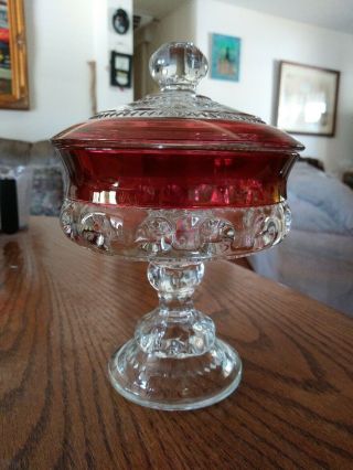 Vintage Indiana Glass Ruby Red Kings Crown Thumbprint Lidded Pedestal Bowl