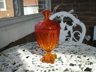 Vintage Viking Glass Amberina Pedestal Candy Dish With A Crowned Top Lid