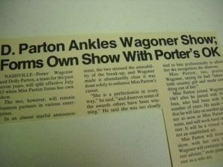 Dolly Parton Ankles Wagoner Show - Starts Own 1974 Music Biz Article
