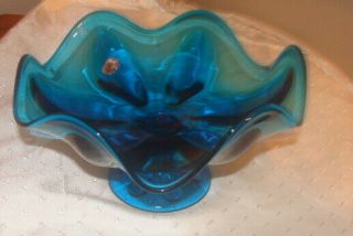 Mid - Century Modern Viking Glass Blue Art Glass 6 - Petal Footed Compote