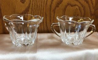 Vintage Clear Glass Open Sugar Bowl & Creamer W/ Scalloped Edge 8 Sided