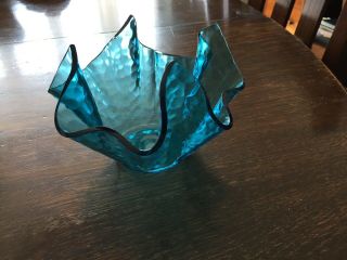 Vintage 1960s Blue Hammered Handkerchief Hankie Glass Vase Chance Retro