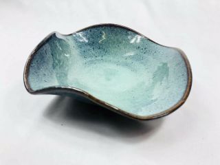 Vintage Blue Brown Glazed Studio Art Pottery Dish Tray Signed By Artist 9” Mcm