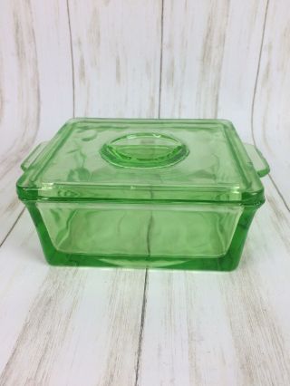 Vintage Vaseline Green Depression Glass Refrigerator Dish Box With Lid