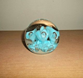 1979 Maude And Bob St.  Claire Paperweight Clear Glass Light Blue Bubble Flowers
