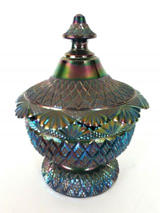 Vtg Fenton Amethyst Carnival Glass Lidded Jar Trinket Box Diamond Pattern Blue