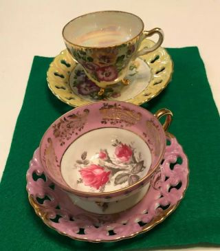 2 Royal Sealy Japan Lusterware Porcelain 3 Footed Tea Cup & Saucer Open Edges