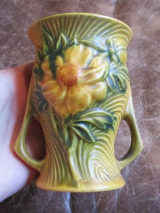 Antique Roseville Art Pottery Sienna Brown Peony Double Handle Vase 57 - 4 "