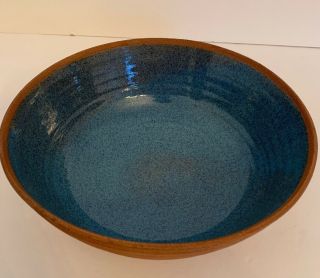 Signed Pottery Bowl Glazed Blue Speckled Interior 9 1/8 " D X 3 1/4 " H