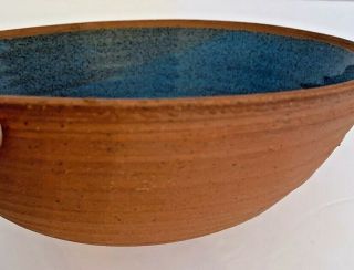Signed Pottery Bowl Glazed Blue Speckled Interior 9 1/8 