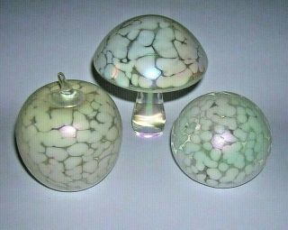 3x White Mottled Glass Paperweights,  Mushroom,  Apple,  Ball,  ?heron Glass