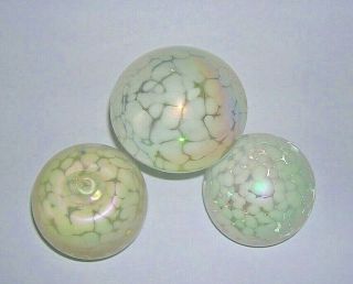 3x White Mottled Glass Paperweights,  Mushroom,  Apple,  Ball,  ?Heron Glass 2