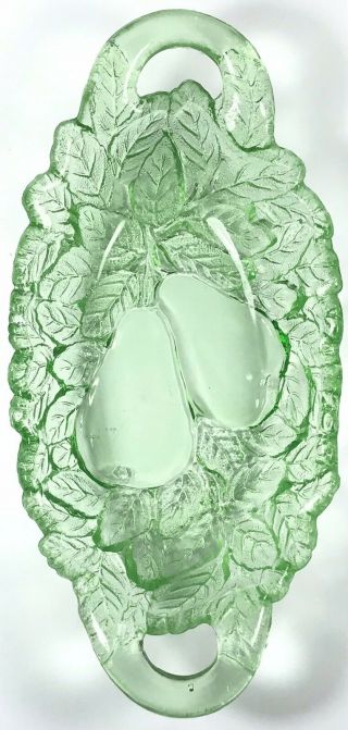 Vintage Green Depression Uranium Glass Sweet Pear Avocado Two Handled Oval Dish.