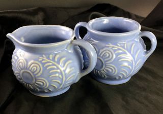 Vintage Usa Pottery Open Sugar Bowl Creamer Baby Blue With White Floral Design
