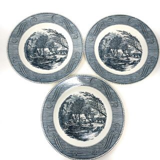 Blue Currier And Ives 10 Inch 3 Pie Plate Set Royal China Jeannette Winter Farm