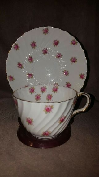 Vintage Aynsley Fluted Swirl Pink Rose Bud Tea Cup And Saucer England