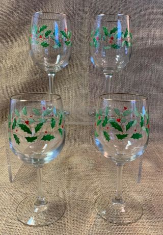 Lenox Holiday Holly & Berries Gold Trim Wine Glasses - Set Of 4