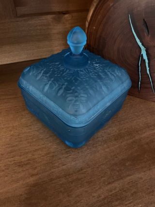 Vintage Tiara Indiana Glass Frosted Blue Honey Bee Hive Bees Covered Candy Dish