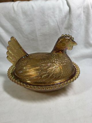 Vintage Indiana Glass Hen On Nest - Iridescent Amber - Candy Dish