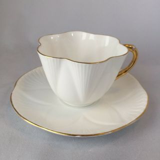 Shelley England " Dainty " Fine Bone China Cup & Saucer White & Gold Scalloped