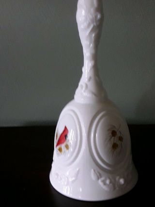 Vintage Signed Fenton milk glass bell,  with cardinals - Artist Signed A.  Farley 3