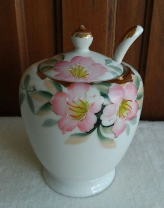 Vintage Noritake Jam Jelly Jar W/ Lid & Ladle - Azalea Pattern 19322 Pink Gold