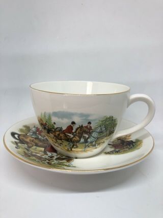 Crown Staffordshire Fine Bone China Hunting Scene Cup And Saucer England