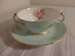 Vintage H&m Sutherland Bone China Soup Bowl/under Plate Aqua Pale Blue/gold Trim