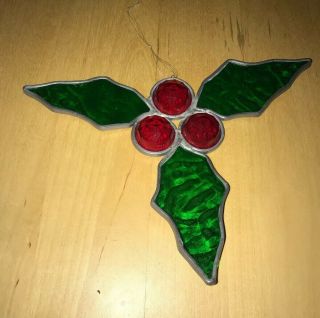 Handcrafted Vintage Stained Glass Christmas Holly & Berries Sun Catcher Ornament