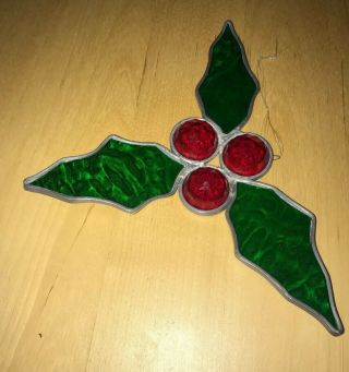 HANDCRAFTED Vintage Stained Glass CHRISTMAS Holly & Berries SUN CATCHER ORNAMENT 2
