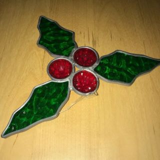 HANDCRAFTED Vintage Stained Glass CHRISTMAS Holly & Berries SUN CATCHER ORNAMENT 3