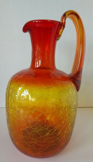 Vintage 10.  5 " Tall Amberina Crackle Glass Pitcher By Blenko