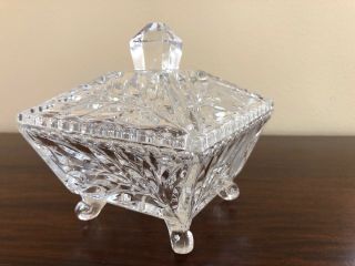 Heavy Vintage Cut Clear Glass Footed Square Crystal Candy Dish Bowl With Lid