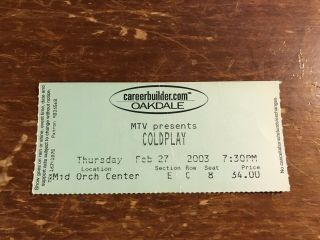 Coldplay Ticket Stub,  February 27,  2003 @ Oakdale Theatre,  Wallingford,  Ct