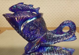 Joe St Clair Iridescent Purple Carnival Glass Fish With Fish Finial Cover Evc