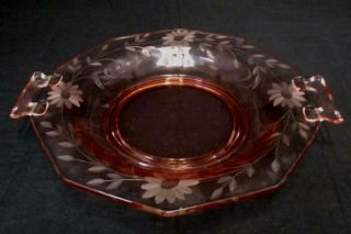 Vintage Pink Pressed Glass Serving Dish With Handles Floral Etched Bowl