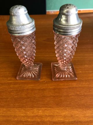 Vintage Pink Depression Glass Wexford Design With Pedastool Salt Pepper Shakers