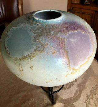 Large Tony Evans Pastel Pink Aqua Blue Tone Raku Cali Pottery Vase 495 & Signed