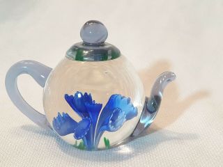 Hand - Blown Glass Paperweight Clear Teapot Blue Tulips Inside 5.  5 " X 4 "