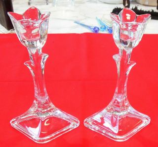 Vintage Lead Crystal Clear Glass Tulip Shaped Candlesticks Toscany Glassware